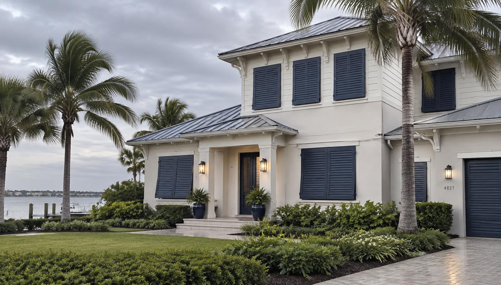 A Florida home with storm shutters closed and palms in the yard
